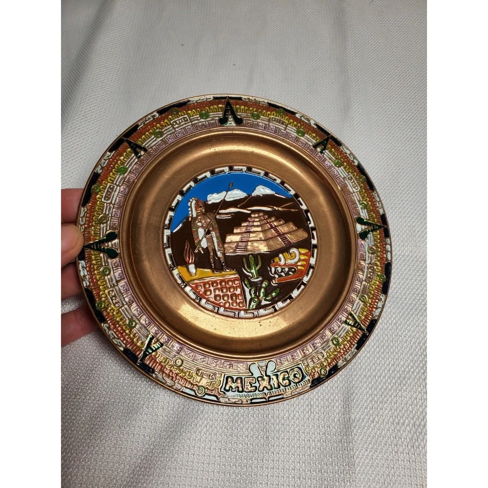Vtg Mexico Copper Enamel Souvenir Wall Plaque Mayan Aztec Pyramid Hand Painted